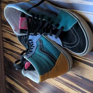 Vans hi tops, mens 9, blue, teal, mustard and pink